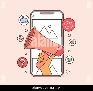 Mobile marketing and digital marketing concept. hand holding megaphone coming out from smartphone. Stock Vector