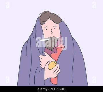 Health, care, desease, cold, medicine concept. Sick man in warm clothes with thermometer, holds lemon Stock Vector