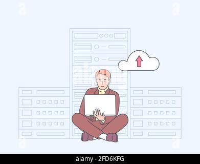 Online security, data protection, antivirus software, cloud hosting concept. Young man IT administrator working in server room for hardware diagnostic Stock Vector