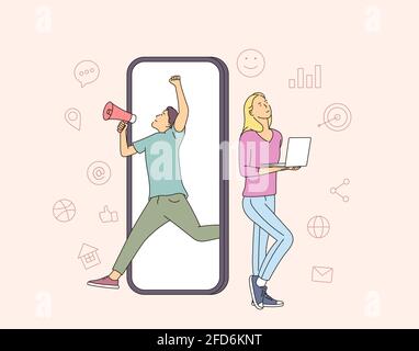 Finance, analytics, teamwork concept. Man and woman business partner workers. Cartoon characters analyzing financial data and marketing information st Stock Vector