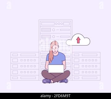 Online security, data protection, antivirus software, cloud hosting concept. Young woman IT administrator working in server room for hardware diagnost Stock Vector