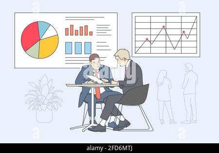Coworking, teamwork, business presentation concept. Business people do teamwork or coworking on business presentation. Stock Vector