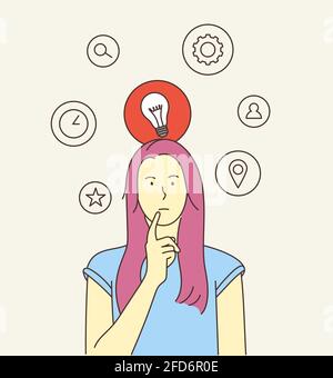 Thinking, idea, search, business concept. Young woman or girl, indecisive lady thought choose decide dilemmas solve problems finding new ideas. Stock Vector