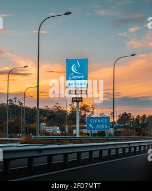 Colombo, Sri Lanka - 03 30 2021: Southern expressway service area board in Welipenna evening landscape view. Stock Photo