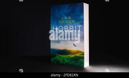 Galle, Sri Lanka - 04 07 2021:The Hobbit by J R R Tolkien, famous Lord of the rings prelude novel book stands. Fantasy fiction novel book for kids. Re Stock Photo