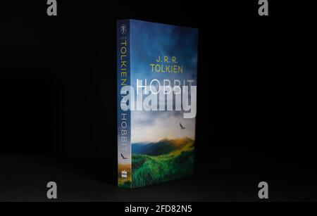 Galle, Sri Lanka - 04 07 2021:The Hobbit, World famous novel book lay stands in the darkroom tabletop. Stock Photo