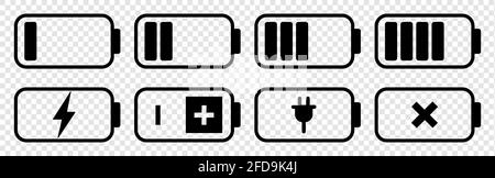 Set of battery charge level indicator symbol. Flat icons. Vector design isolated on transparent background Stock Vector