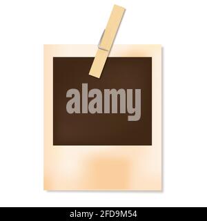 Retro photo frame with clothes peg.Old photo. Empty snapshot frame template. Vector illustration isolated on white background Stock Vector