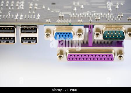 connectors USB on computer motherboard background, board socket and input and output ports close-up Stock Photo