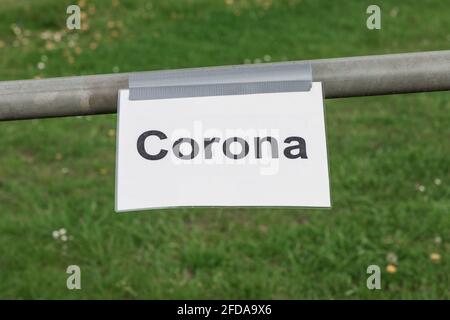Corona virus quarantine lockdown prohibit entry community area. Closure by prohibition sign. Covid-19 safety prevention action containing pandemic spr Stock Photo