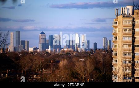 London, UK - February 26th 2021: View of the London Skyline from West Norwood Park Stock Photo