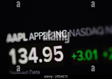 Bucharest, Romania - April 24, 2021: Shallow depth of field (selective focus) and macro image with Apple quotation on a digital screen. Stock Photo