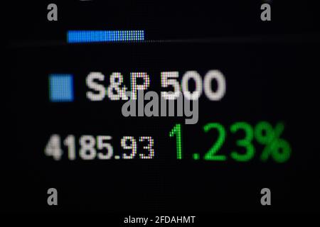 Bucharest, Romania - April 24, 2021: Shallow depth of field (selective focus) and macro image with S&P00 quotation on a digital screen. Stock Photo