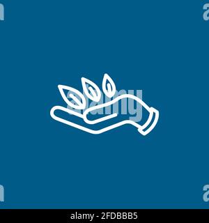 Leaf in Hand Line Icon On Blue Background. Blue Flat Style Vector Illustration. Stock Vector