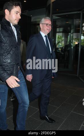 File photo dated 15/06/19 of Michael Gove with Henry Newman (left) leaving the Conservative National Convention meeting at the Park Plaza Riverbank Hotel, central London. It has been claimed in a blog post by former special adviser Dominic Cummings that Mr Newman was the source of a leak in October 2020 about the Government announcing a second lockdown. Issue date: Saturday April 24, 2021. Stock Photo