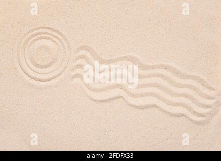 Sandy texture, top view of tropical sand with abstract pattern, round and lines on the sand. Concept picture about zen, meditation, relaxation Stock Photo