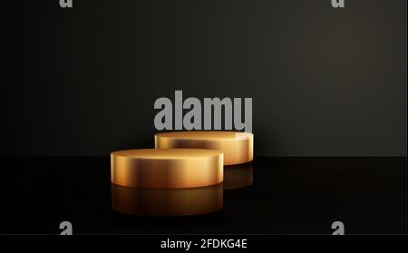 Minimal black scene with geometric shapes. Cylindrical gold and black podium on a black background. 3D stage for displaying a cosmetic product Stock Vector