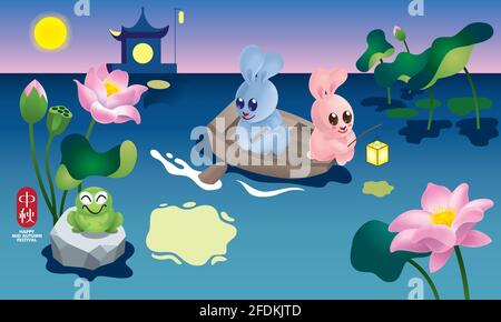 Cute rabbits rowing boat on a calm lake. Stock Vector