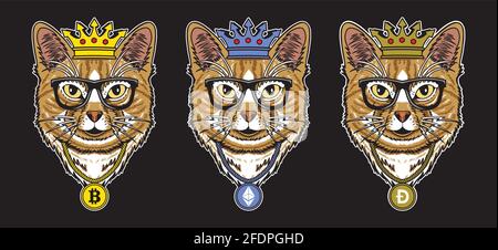 Set collection of the cool cat with cryptocurrency necklace and king crown in flat vector illustration Stock Vector