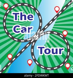 Transport interchange over river. Red marks near interchange. Inscription - The Car Tour. Travel vector illustration on rays background. Vacation plan Stock Vector