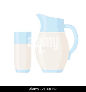 Colorful Vector dairy drink illustration. Flat style template of milk glass and pitcher in white and blue colors Stock Vector