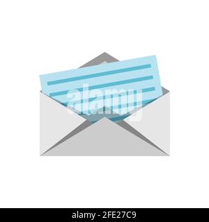 Opened envelope with letter inside. Envelope icon with sheet of paper on white background. Mail notification symbol. Business correspondence concept. Stock Vector