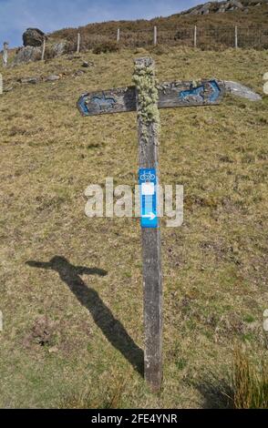 Elan valley trail with Victorian era reservoirs and bilingual signs in Welsh/English in Powys,Wales,UK Stock Photo