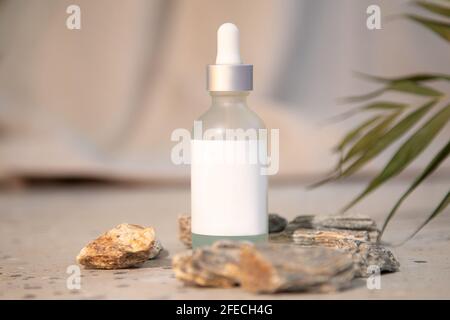 Beautiful shot of white glass bottle with pipette and serum on natural background. Facial skin care, moisturizer concept. Fashionable cosmetic product Stock Photo