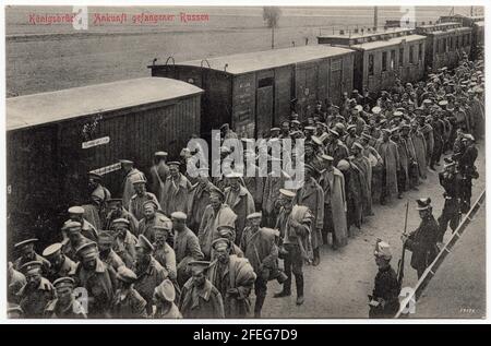 Arrival of Russian prisoners of war to the German POW Camp Königsbrück during the First World War (now Königsbrück, Saxony, Germany) depicted in the black and white vintage photograph by German photographer Carl Schmidt dated from 1914 to 1918 and issued as a postcard. Text in German means: Arrival of Russian prisoners. Courtesy of the Azoor Photo Collection. Stock Photo