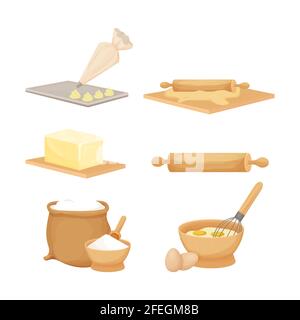 Baking, pastry set with kitchen wooden utensils, ingredients. Bowl with powder, desk with rolling pin and dough, bag with flour in cartoon style isola Stock Vector