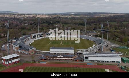 Chester le Street, England, 24 April 2021. Aerial view of the Riverside cricket ground, the home of Durham CCC, in Chester le Street. Durham CCC are playing Derbyshire CCC. Credit: Colin Edwards/Alamy Live News. Stock Photo