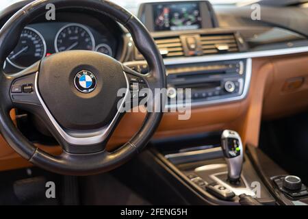 Istanbul, Turkiye - September 2020:View of BMW Logo on Car Steering Wheel Stock Photo