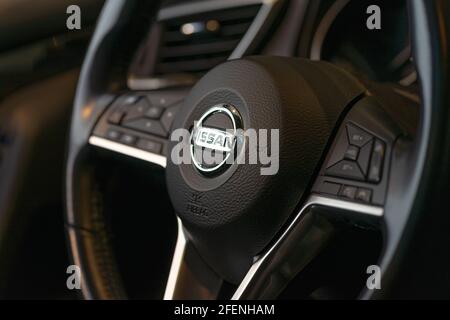 Istanbul, Turkiye - September 2020:View of Nissan Logo on Car Steering Wheel Stock Photo