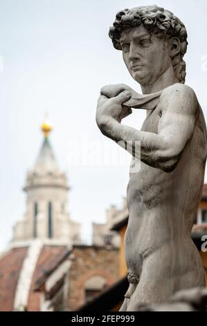 Copy of Michelangelo's David, at the entrance of the Palazzo Vecchio. Brunelleschi dome in the background Stock Photo