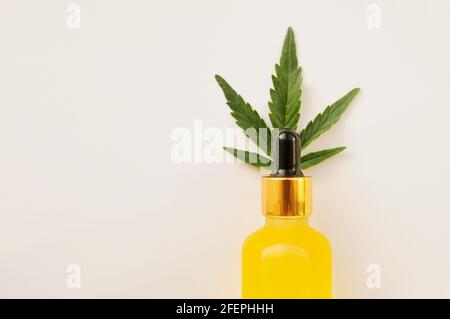 Marijuana leaves, cbd oil, cosmetic cream. Cannabis extract in cosmetology. Flat lay, powder background. Home relaxation, spa recreation, pastime ther Stock Photo