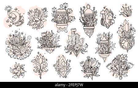 Magic crystals with flowers set. Line art hand drawn doodle elements with quartz crystals and flowers in a birdcage. Elegance and aesthetic floral des Stock Vector