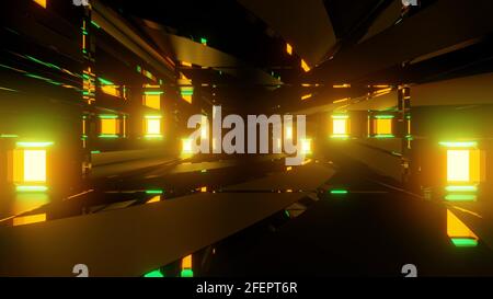 Shiny green and yellow neon lights reflecting in dark corridor of futuristic building with geometric design as abstract 3d illustration sci fi backgro Stock Photo