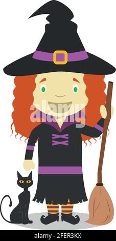 Cartoon illustration of a funny witch with hat and black cat Stock Vector