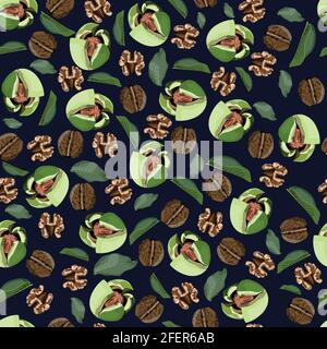 seamless pattern of walnuts on a dark background Stock Vector