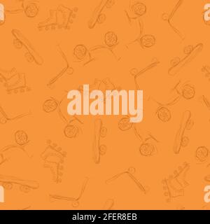 seamless pattern with sloppy sketches of sporting goods on orange background Stock Vector