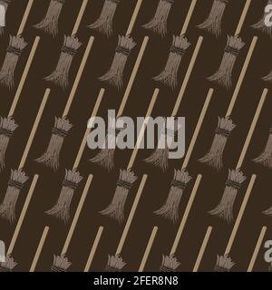 seamless patterns with broom in brown tones on brown background Stock Vector