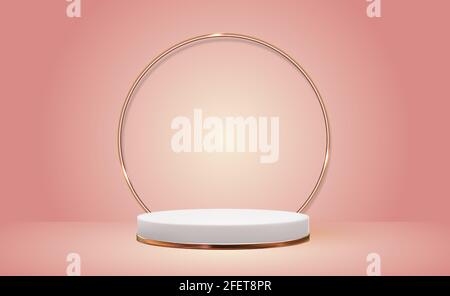 White 3d pedestal background with Golden Glass Ring Frame for cosmetic product presentation, fashion magazine. Copy space vector illustration Stock Vector