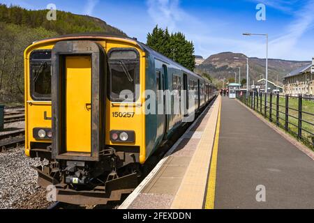 Treherbert, Rhondda Valley, Wales - April 2021: Train about to depart from the terminus station at Treherbert. Stock Photo