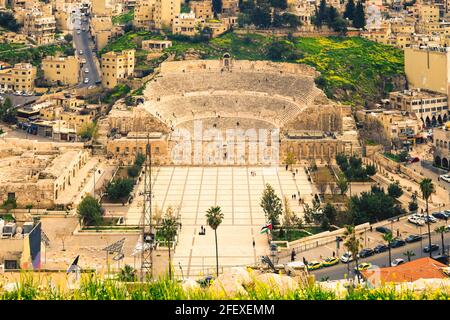 Aerial view of Roman Theatre in Amman, capital of Jordan Stock Photo