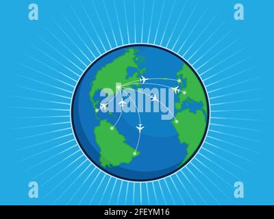 Line drawing of globe with airplane. Airline travel and flights. Flight ...