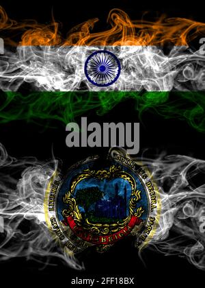 India, Indian vs United States of America, America, US, USA, American, Cambridge, Massachusetts smoky mystic flags placed side by side. Thick colored Stock Photo