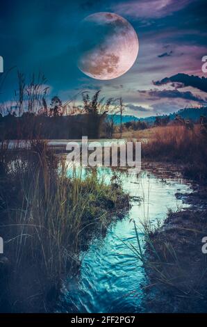 Landscape at night time in the forest lake with fogy and darkness sky super moon in the background.The moon taken with my camera. Stock Photo