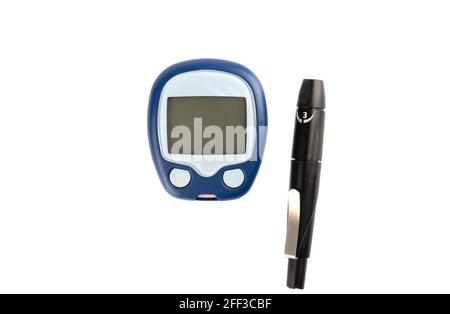 Glucometer and finger lancing device isolated on white background. Blood sugar monitoring. Stock Photo