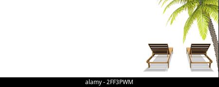 Palm trees and sun loungers on a white isolated background. Blank-banner for your design. Travel illustration Stock Photo