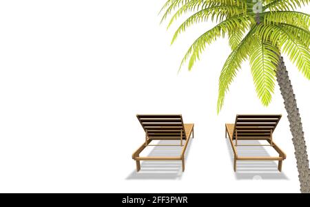 Palm trees and sun loungers on a white isolated background. Blank-banner for your design. Travel illustration Stock Photo